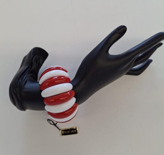 Vintage Lucite Stretcharmband Rot Weiß – Original 80er Jahre – Ungetragen NOS – Elastisches Armband – Retro Schmuck