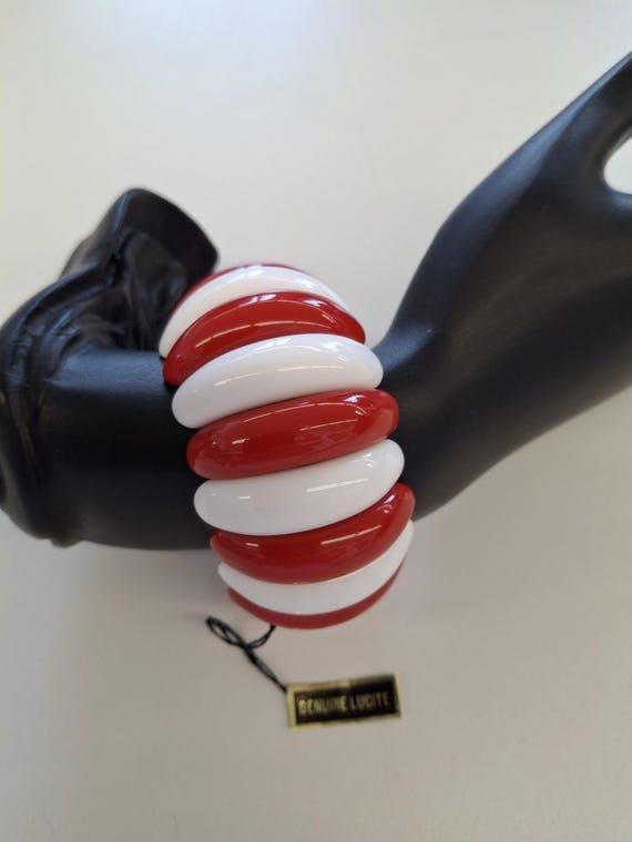 Vintage Lucite Stretcharmband Rot Weiß – Original 80er Jahre – Ungetragen NOS – Elastisches Armband – Retro Schmuck View 3