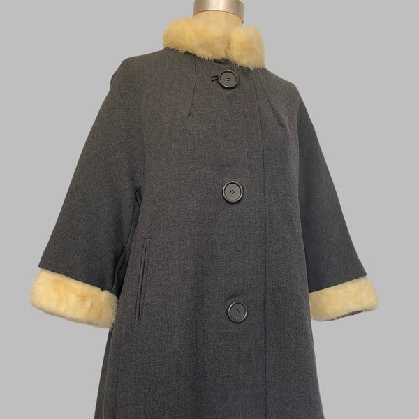 1950s Styled by Stratton Gray and Mink Swing coat/ Cape size Small/Medium, Grey wool cape, 1960s formal mink coat