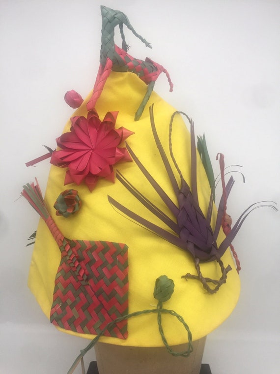 Rare 1960s Yellow Woven Hawaiian hat, Yellow Boho