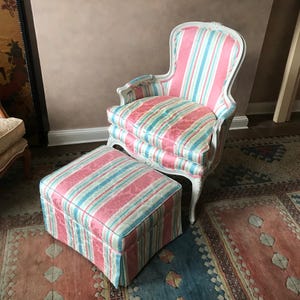 NO SHIPPING: Vintage French Provincial Chair + Matching custom upholstered striped wooden side chair and ottoman in pink, white, blue
