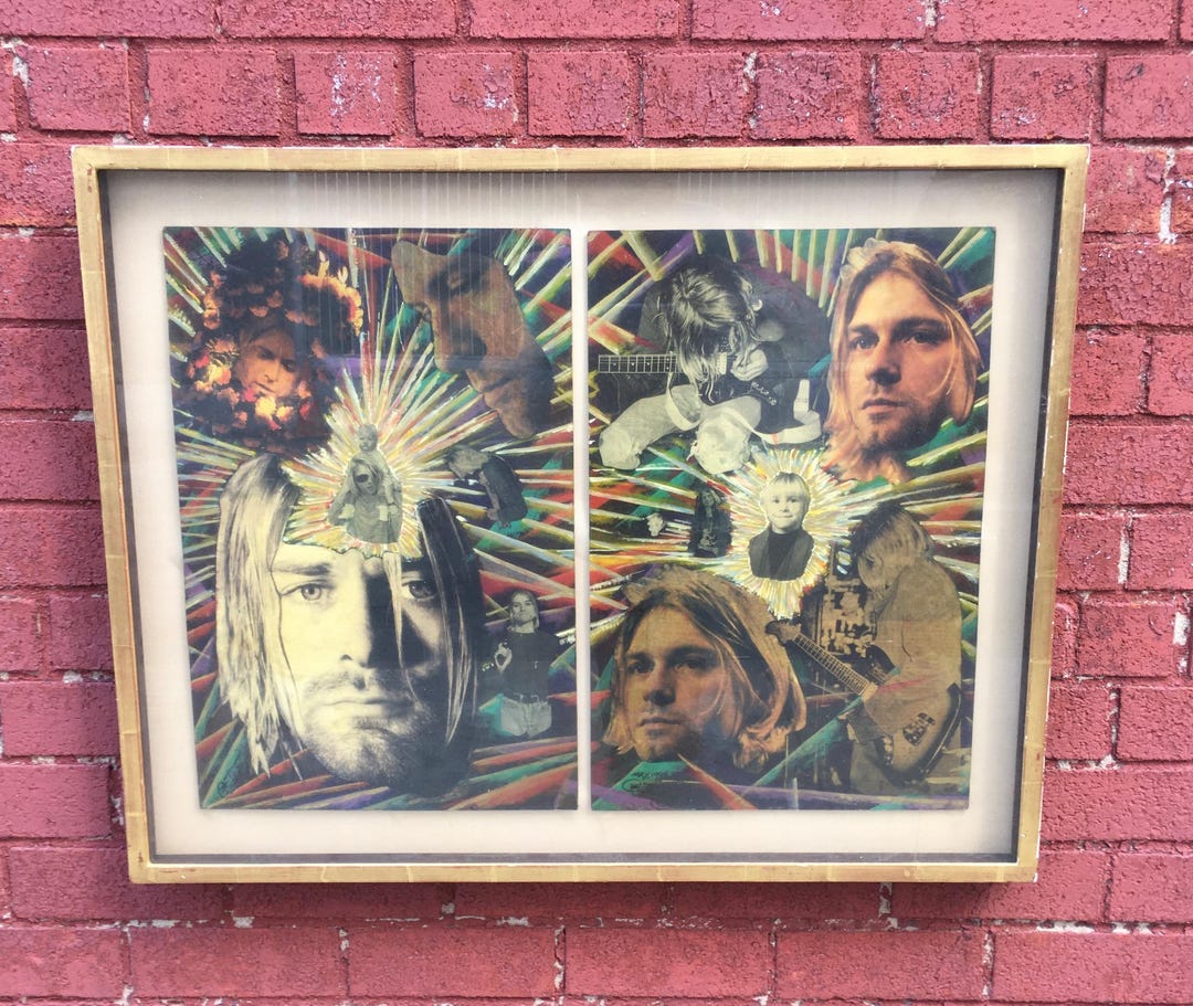 Vintage 1994 Kurt Cobain Mix Media Framed Wall Art Piece , Nirvana ...