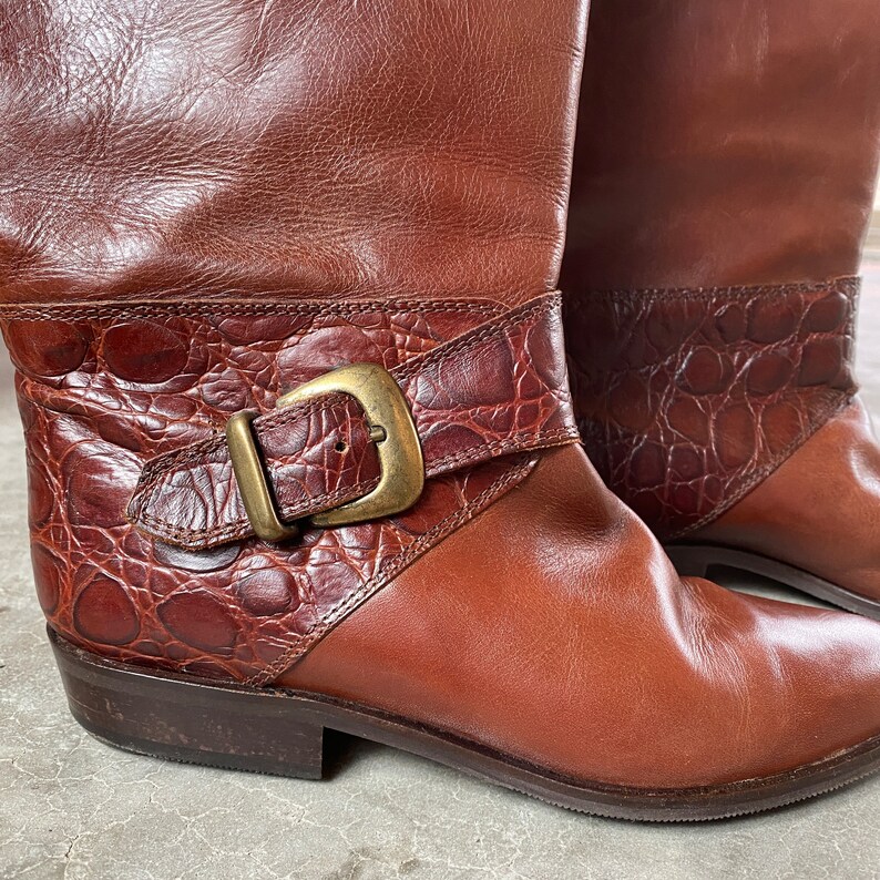 1980's Womens Size 6 Sudini Made in Italy Leather Tall Riding Boots with Brass Buckle, Equestrian Horse Riding Boots Cognac