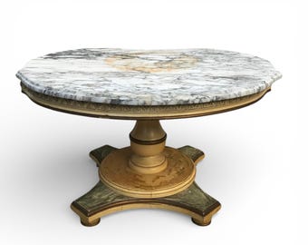 NO SHIPPING Vintage Pedestal Italian Marble Top End Table, Neoclassical / Regency-style small coffee table with wood base