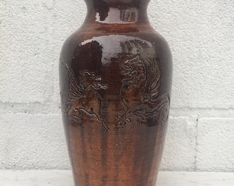 1984 signed J. Gunn brown handmade glazed ceramic flower vase with Dragons , Vintage Studio Pottery Vase