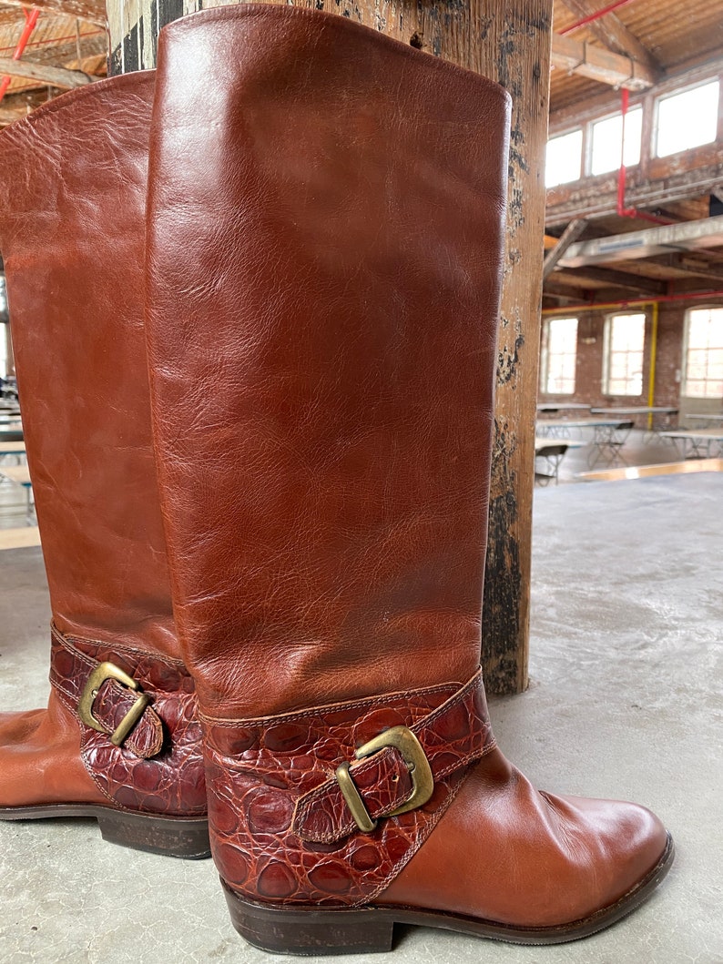 1980's Size 6 Sudini Made in Italy Leather Tall Riding Boots with Brass Buckle, Womens Equestrian Horse Riding Boots Cognac