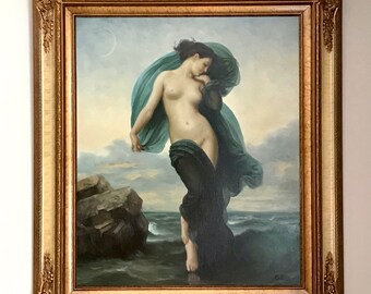 Vintage Framed Reproduction Painting of Woman based on original Painting on Canvas “Evening Mood” by William-Adolphe Bouguereau in 1882