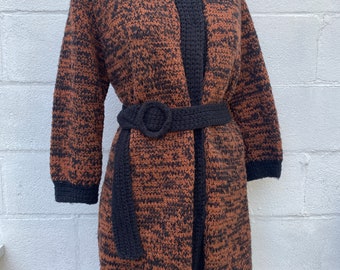 1960s Long heavy hand knit and lined brown and black knit cardigan sweater with tie around the waist, Long 1970s hand woven sweater