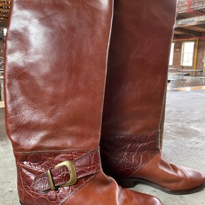 1980's Size 6 Sudini Made in Italy Leather Tall Riding Boots with Brass Buckle, Womens Equestrian Horse Riding Boots Cognac