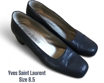 Size 8.5  Yves Saint Laurent 1980s Black Leather Embossed Snakeskin Square toe block heel flats - With original box - Womens