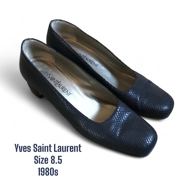 Size 8.5  Yves Saint Laurent 1980s Black Leather Embossed Snakeskin Square toe block heel flats - With original box - Womens