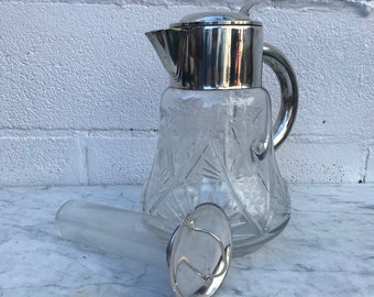 Antique Quist Wurttemberg Germany Silver Plated Large Cut Crystal Carafe Pitcher with ice cooler insert