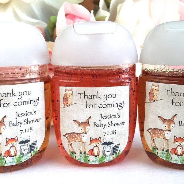 Woodland baby shower favor labels, Rustic baby shower, Baby animal baby shower favor label, hand sanitizer favor label, hand sanitizer label