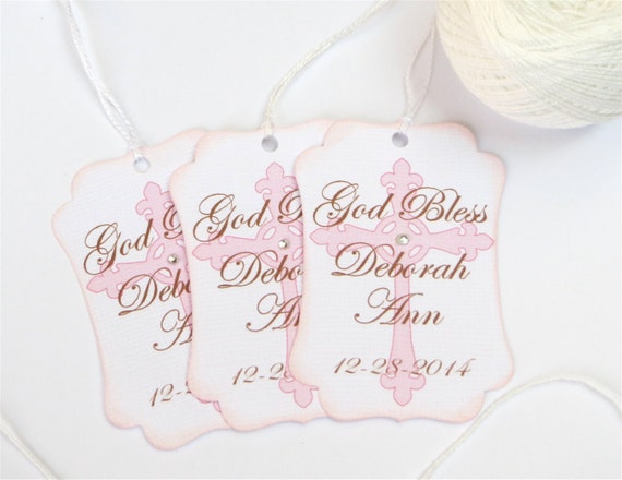Girls Baptism favor tags, Pink first communion favor tags, God Bless gift tags, Girls first Sacrament tags, Custom favor tags with Cross Il_570xn