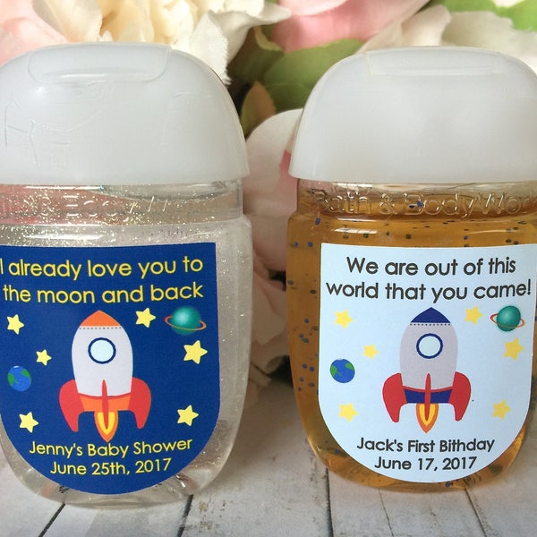 Outer space party, Astronaut party favor label, Outer space baby shower favor, Rocket ship, hand sanitizer favor label, Outerspace birthday