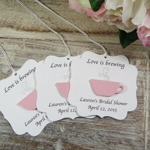 Bridal shower favor tags, Love is brewing wedding favor tags, tea party favor tags, tea cup favor thank you tags, coffee cup favors image 2