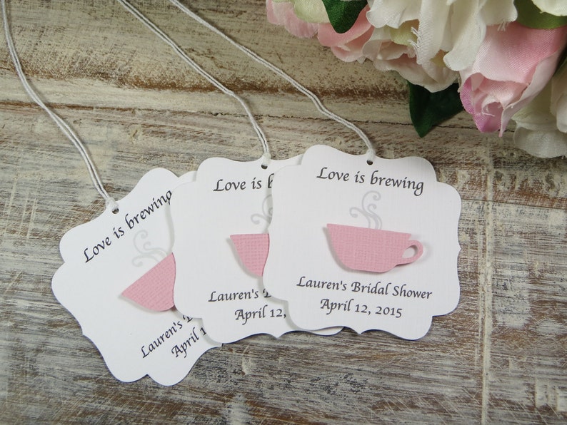 Bridal shower favor tags, Love is brewing wedding favor tags, tea party favor tags, tea cup favor thank you tags, coffee cup favors image 2