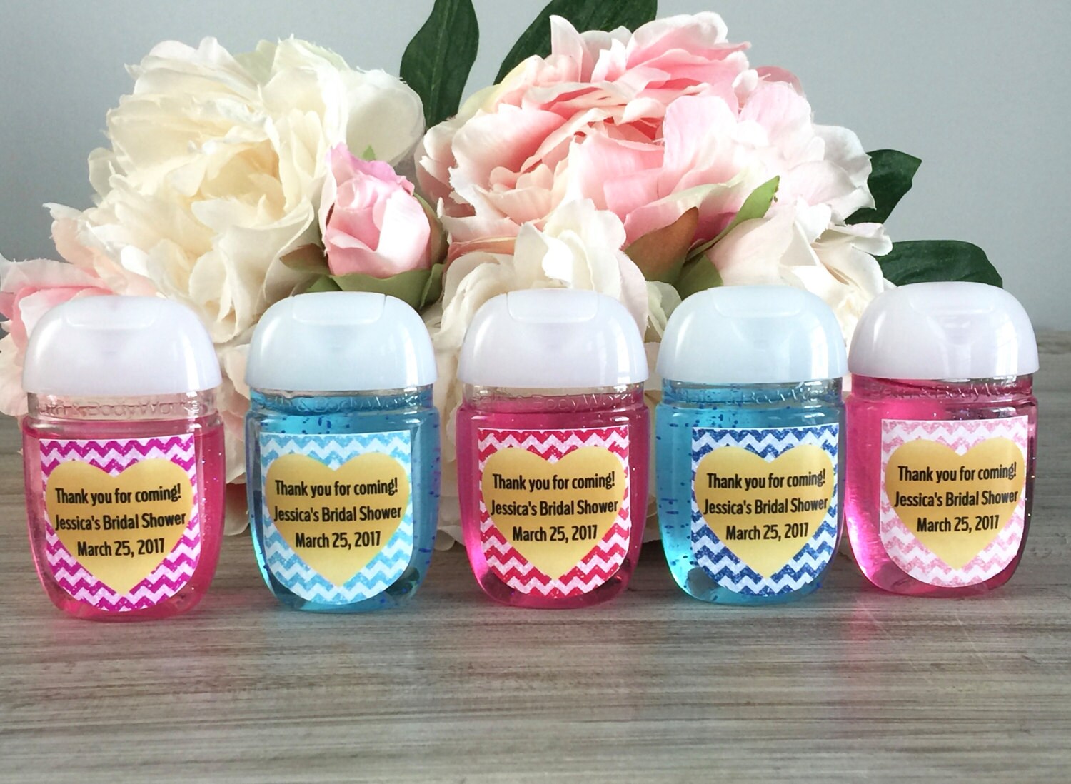 Pink Hand sanitizer labels blue baby shower favor labels