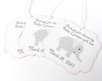 Elephant baby shower favor tags, Girl Baby shower tags, Personalized baby shower thank you tag,  Elephant baby shower gift tag