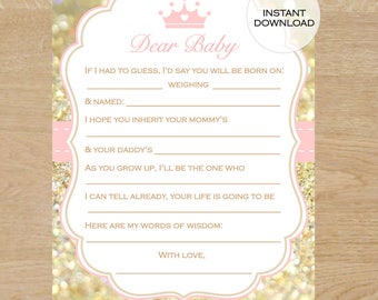 Printable Baby Shower Game, Pink and Gold Baby Shower, Instant Download, Princess baby shower game, Baby Predictions Card, Wishes for Baby