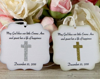 Baptism favor tags with Cross, Gold First Communion favor tags, Silver Christening favor tags, Dedication thank you tags