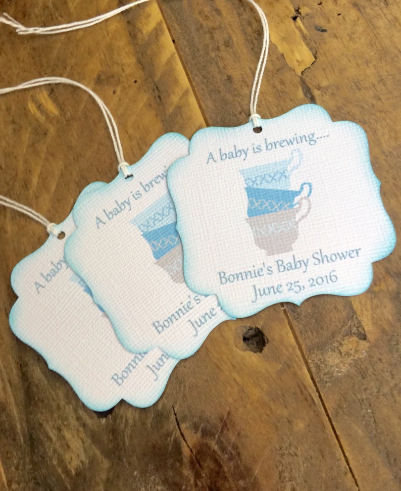 A baby is brewing favor tags, Love is brewing favor tags, tea party favor tags, tea cup favor thank you tags, Boy baby shower favor tag image 1