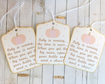 Little pumpkin baby shower favor tags, Pink Pumpkin baby shower thank you tags, little pumpkin first birthday tags, baby shower wine tags