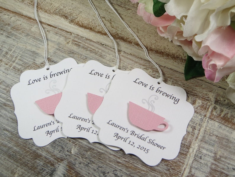 Bridal shower favor tags, Love is brewing wedding favor tags, tea party favor tags, tea cup favor thank you tags, coffee cup favors image 3