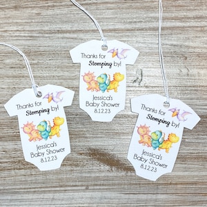 Dinosaur baby shower favor tag, Dinosaur birthday party favor tag, baby shower thank you tags, Thank you for stomping by, Hatching soon tags