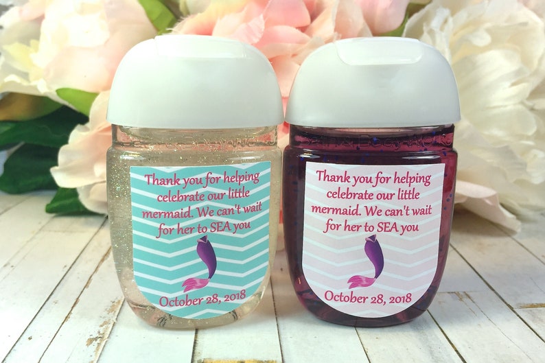 Mermaid baby shower favor labels, hand sanitizer favor label, hand sanitizer labels, Birthday party favor, Mermaid tail party favor sticker image 1