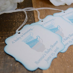 A baby is brewing favor tags, Love is brewing favor tags, tea party favor tags, tea cup favor thank you tags, Boy baby shower favor tag image 2