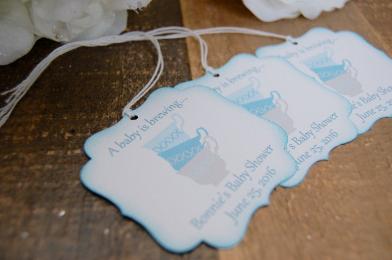 A baby is brewing favor tags, Love is brewing favor tags, tea party favor tags, tea cup favor thank you tags, Boy baby shower favor tag image 2