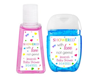 Showered with Love baby shower favor label, Germ free for the mom to be, Drive by baby shower labels, Sprinkled with love thank you sticker