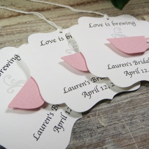 Bridal shower favor tags, Love is brewing wedding favor tags, tea party favor tags, tea cup favor thank you tags, coffee cup favors image 1