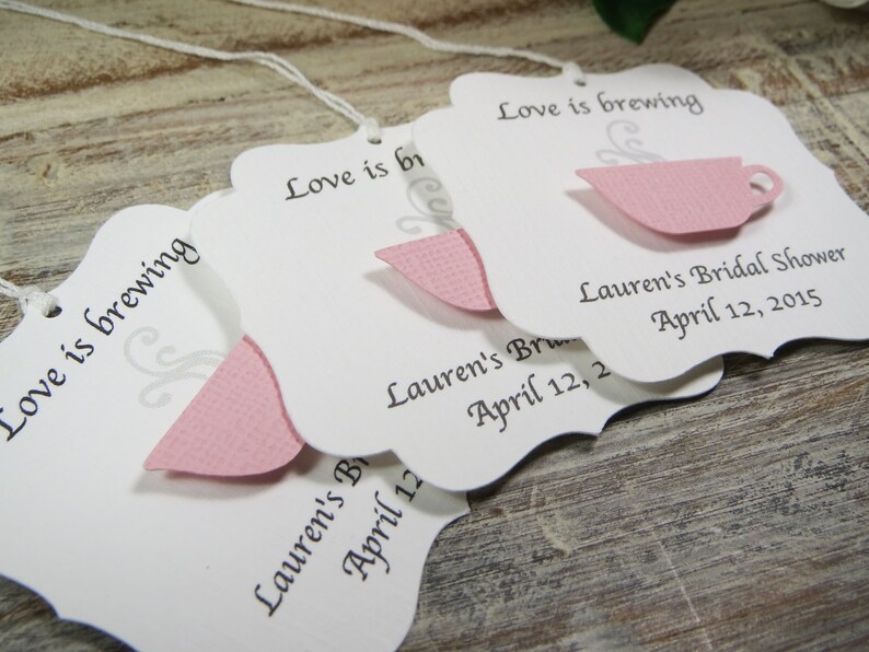 Bridal shower favor tags, Love is brewing wedding favor tags, tea party favor tags, tea cup favor thank you tags, coffee cup favors image 1