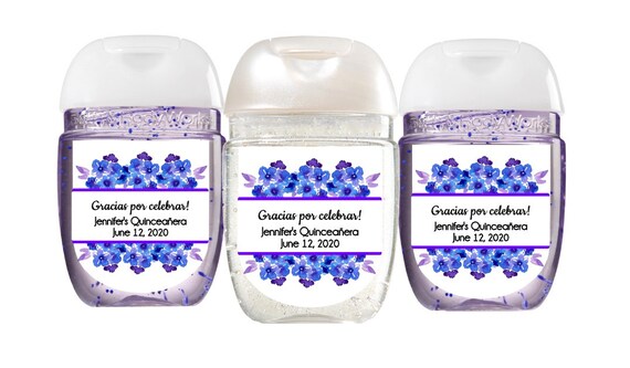 Hand sanitizer label, Blue floral baby shower favor label, Bridal shower favor label, Sweet 16 favor sticker, Quinceanera favor label Il_570xn