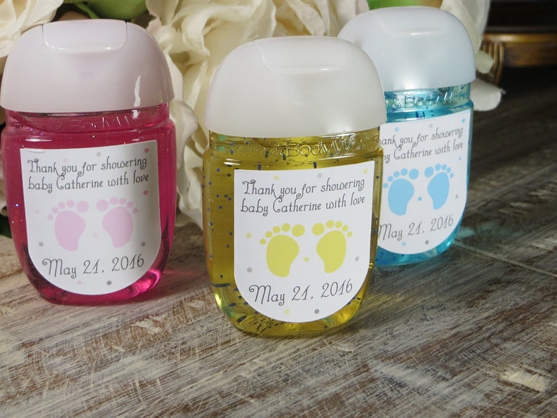 Baby shower labels, Baby shower favor labels, Footprints Baby Shower stickers, hand sanitizer labels, PocketBac labels, hand sanitizer favor image 2