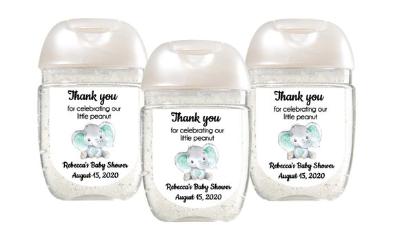 Mint elephant baby shower favor label, Gender neutral baby shower, Little peanut baby shower favor sticker, hand sanitizer favor label Il_570xn