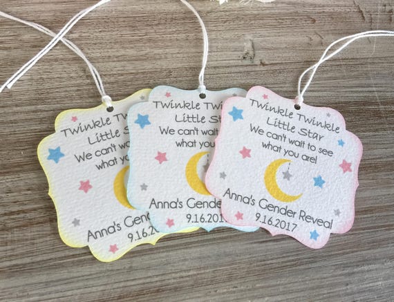 Gender reveal baby shower favor labels, Twinkle twinkle little star gender reveal favor tags, Gender reveal party favor tags Il_570xn