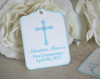 Boy Baptism favor tags, First communion thank you tags, blue christening gift tags, Cross favor tags, Baptism tags, Dedication favor tag