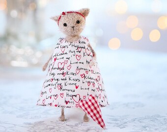 Knitted cat doll, Valentine's Day gift for her, fluffy wool knit cat, posable cat figurine, romantic home decoration, boho cat lover gift
