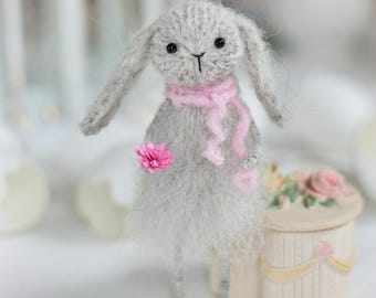 Mini Bunny in Grey, Knitted Miniature Wool Rabbit Figurine, Spring gift