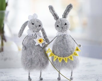 Two Easter bunnies, personalised gift, knitted stuffed rabbits with a miniature daffodil and bunting, rustic spring home decor, Easter gift