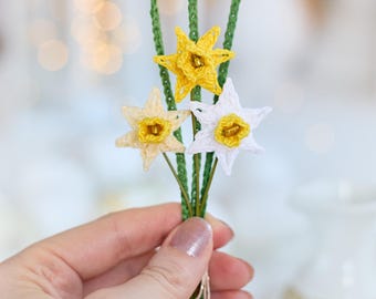 Daffodils Bouquet Mixed: Miniature Crochet Faux Flowers, Spring Decoration