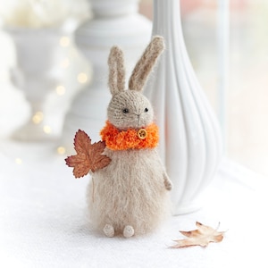 Knitted Bunny Art Doll: Mohair Wool Autumn Rabbit with Scarf