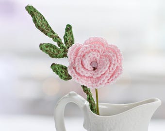 Crochet Rose and Leaf Stem: Miniature Cotton Flowers, June Birth Flower