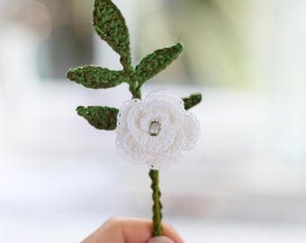Crochet Rose and Leaf Stem: Miniature Cotton Flowers, June Birth Flower