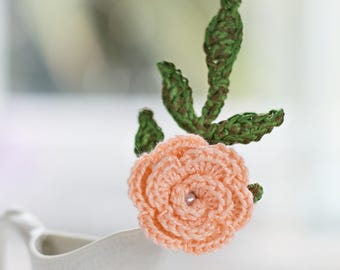 Crochet Rose and Leaf Stem: Miniature Cotton Flowers, June Birth Flower