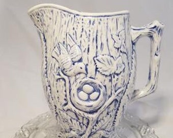 Vintage Handcrafted Ceramic Blue and White Bird Nest Pitcher