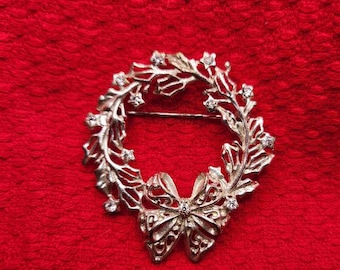 Vintage Silver Tone Wreath Brooch with Rhinestones by Christopher Radko